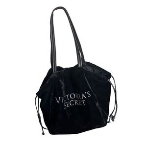 Victoria's Secret Black Velvet Drawstring Tote Bag